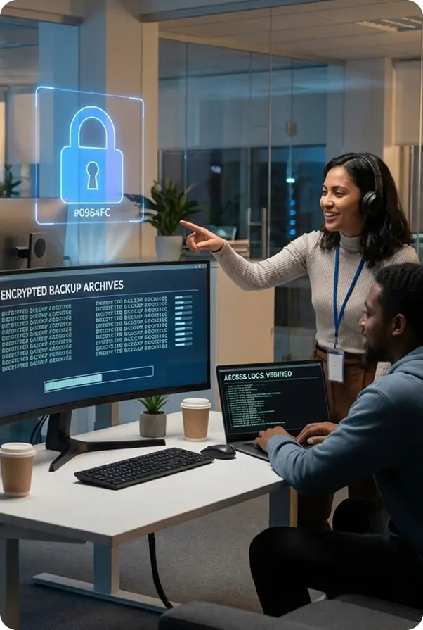 An engineer reviewing encrypted backup archives with a colleague
