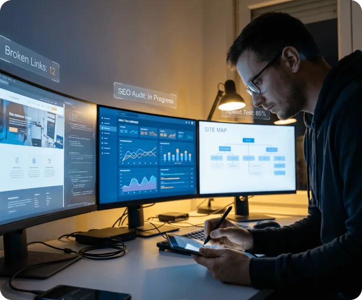 A maintenance engineer reviewing a site audit across three screens