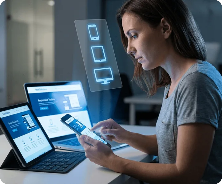 A website being tested on a phone, a tablet and a desktop
