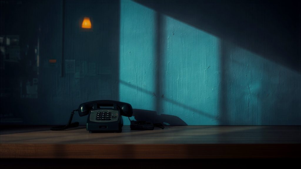 A phone on the empty counter of a closed shop at dusk, the business nobody was there to answer while the website was down.