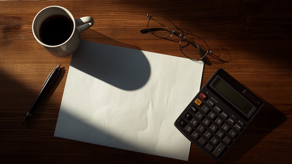 A calculator, pen and blank sheet of paper on a desk, working out what skipping website maintenance costs.