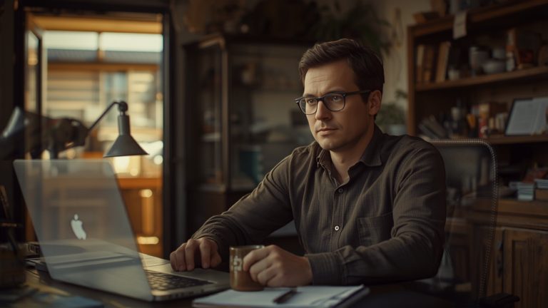 A small business owner at a laptop in the back office of their shop, reviewing what the website is doing for them.