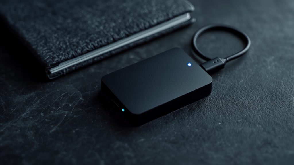 A plain external hard drive with its cable coiled beside it, the off-site copy a website backup should land on.