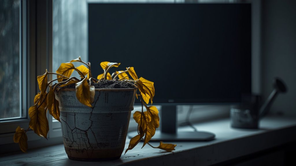 A wilting plant on a windowsill beside a dark monitor, the look of a website nobody has checked in months.