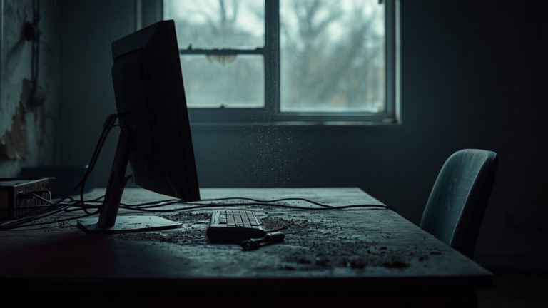 A dust-covered office desk with a sheet slipping off the monitor, what happens to a website nobody maintains.