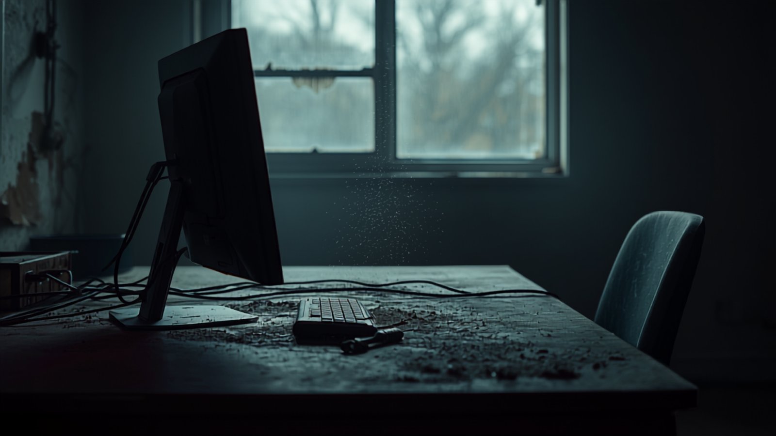 A dust-covered office desk with a sheet slipping off the monitor, what happens to a website nobody maintains.