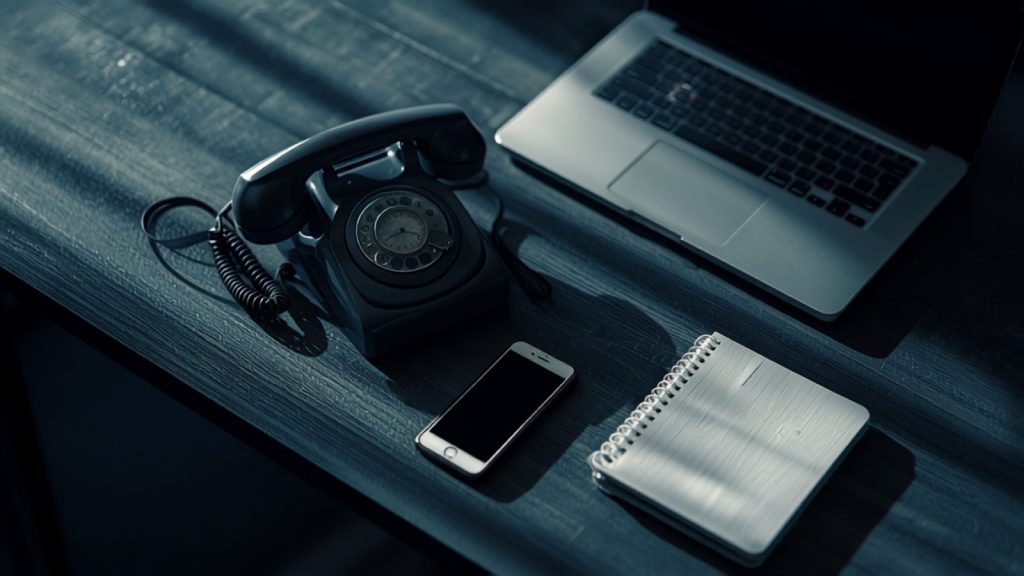 A desk phone and a face-down mobile beside a closed laptop, the silence of a website contact form that has stopped sending.