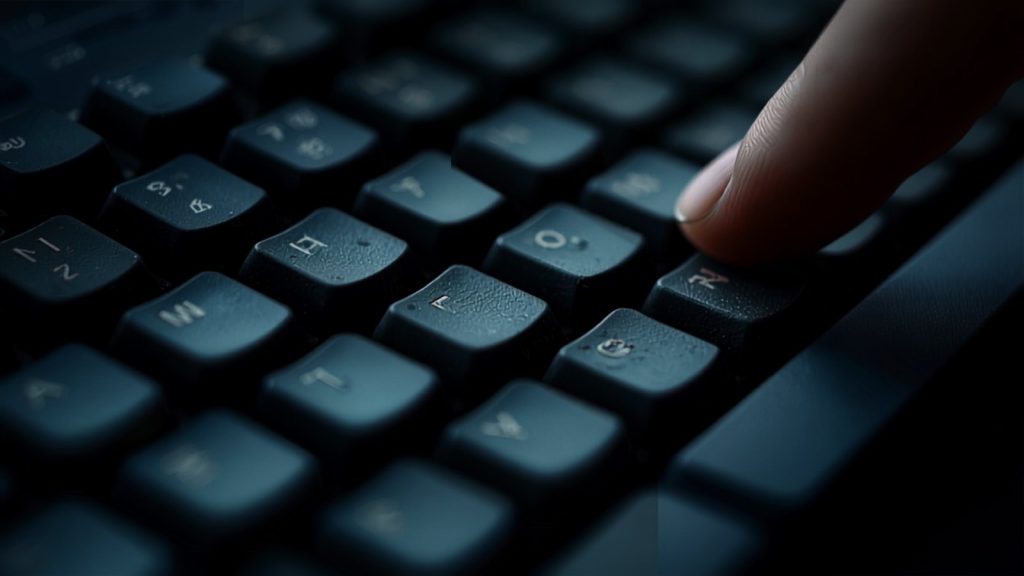 A close-up of dust settled between keyboard keys, a sign of a website nobody has looked at.
