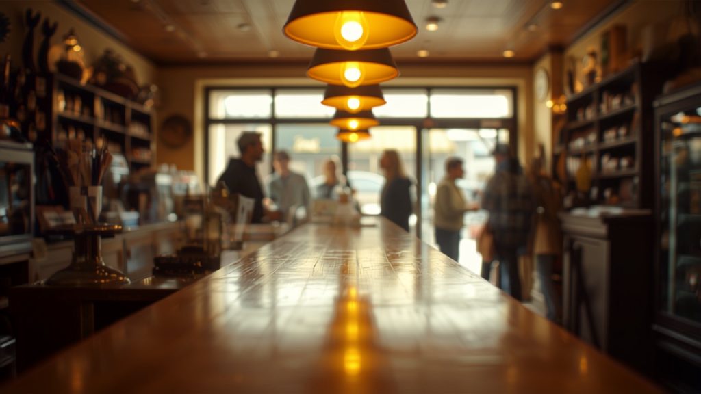 A warm busy cafe interior with customers browsing, the business a reachable website keeps bringing in.