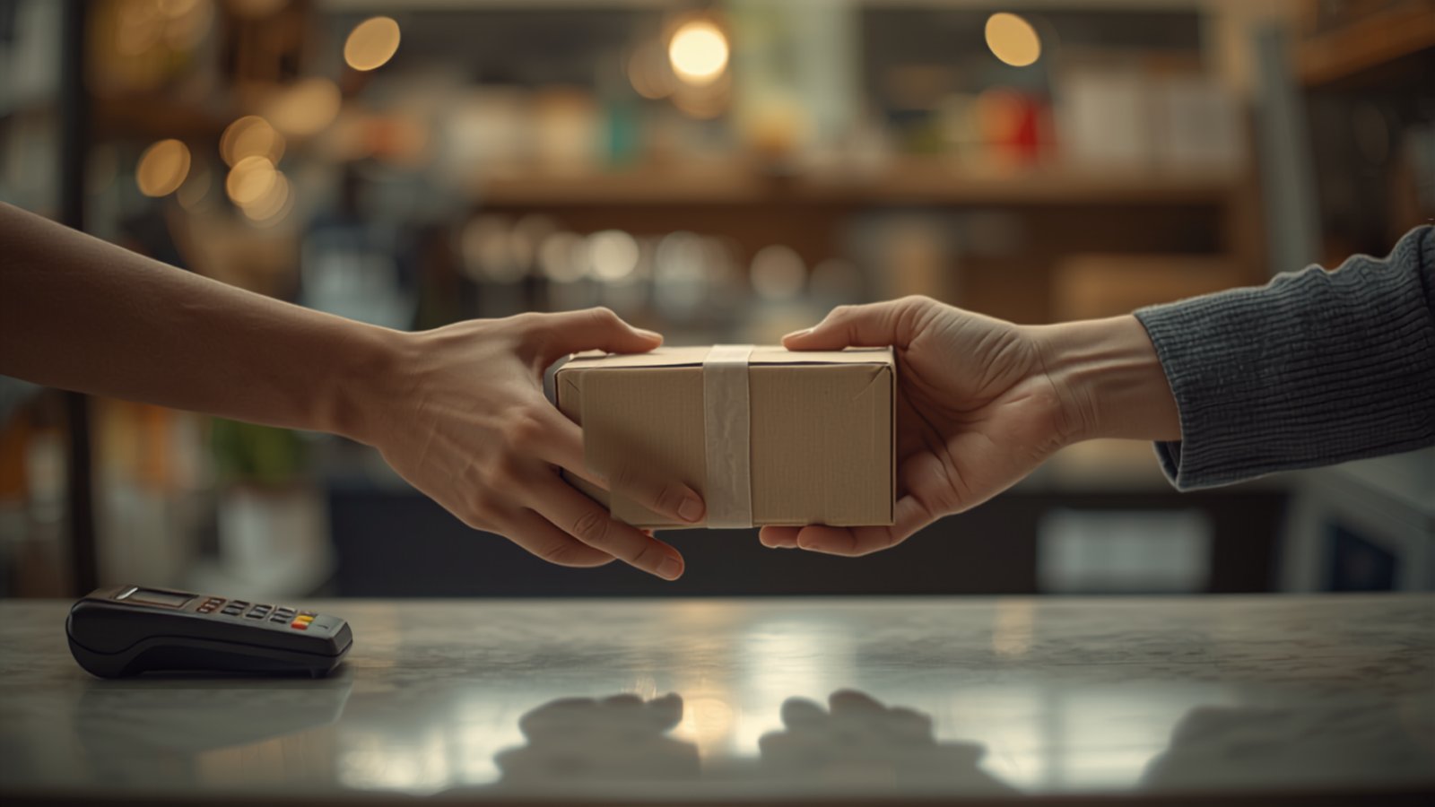 Hands passing a wrapped parcel across a shop counter, the business working because the website did.