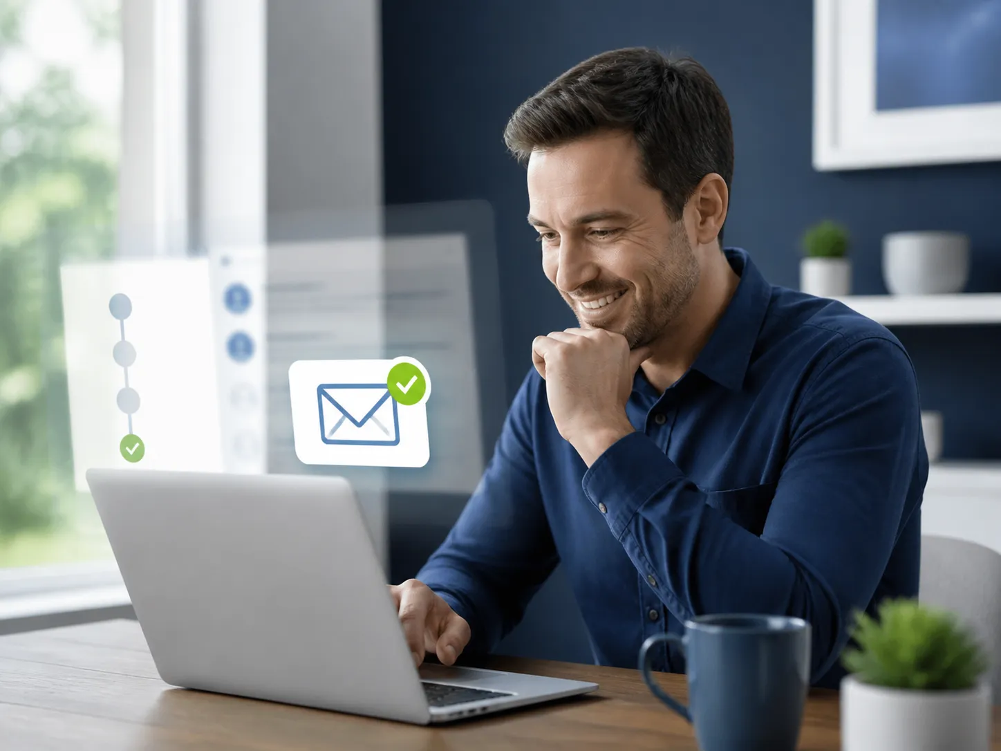 A business owner smiling at a laptop as a new message lands with a green tick beside it