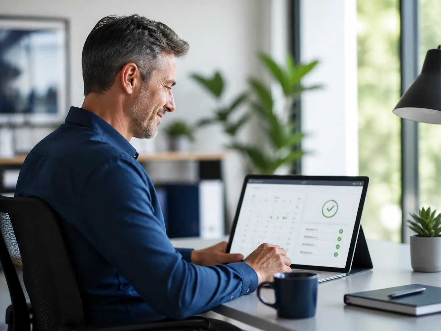 An owner reading a monthly website report on a tablet, each line ticked off