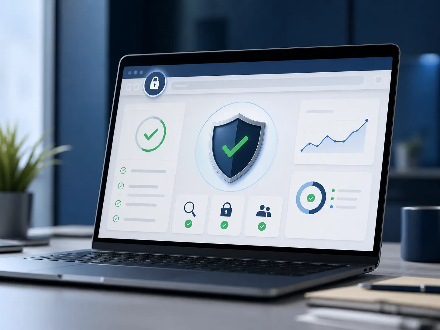 A laptop showing a site security panel: a padlock in the address bar, a shield and a list of passing checks