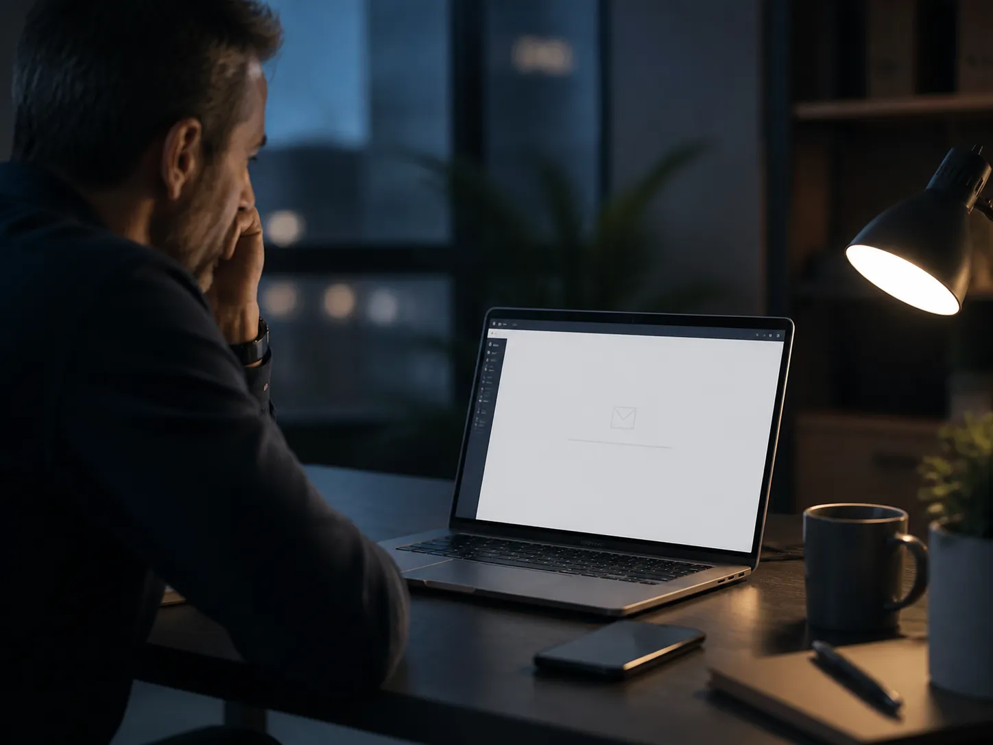 A business owner at a desk after dark, looking at an inbox with nothing in it