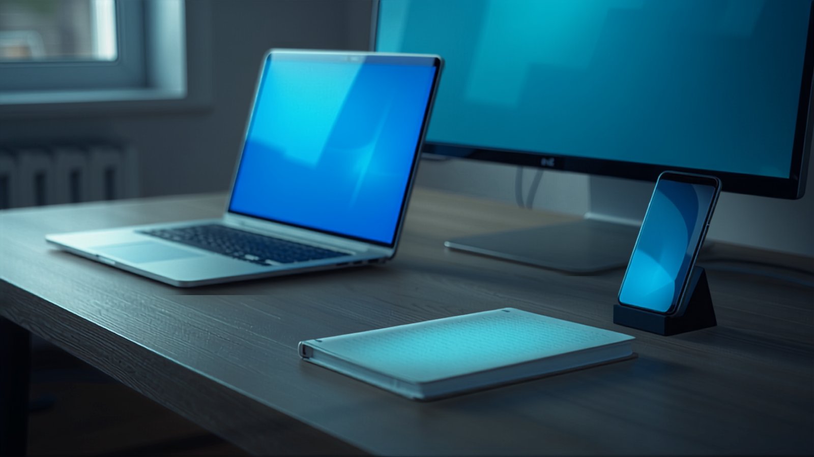 A laptop, external monitor and phone on a tidy desk with cables clipped, the working setup a website maintenance plan covers.
