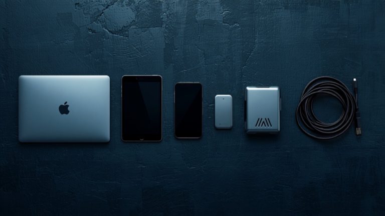 A laptop, tablet, phone, drive, router and cable laid out in a row, one for each type of website maintenance.