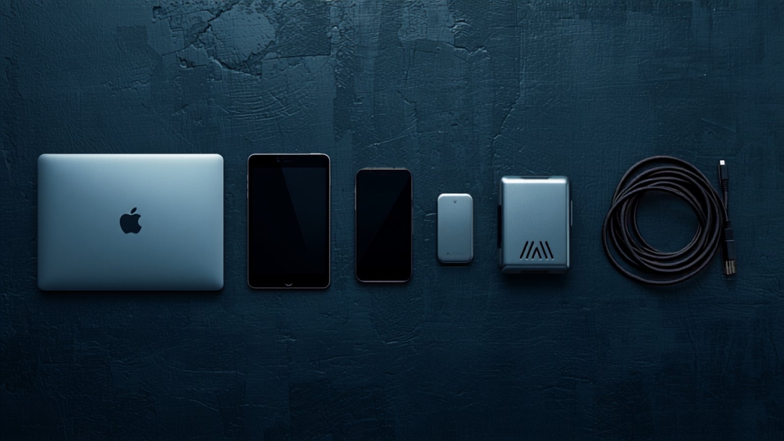 A laptop, tablet, phone, drive, router and cable laid out in a row, one for each type of website maintenance.
