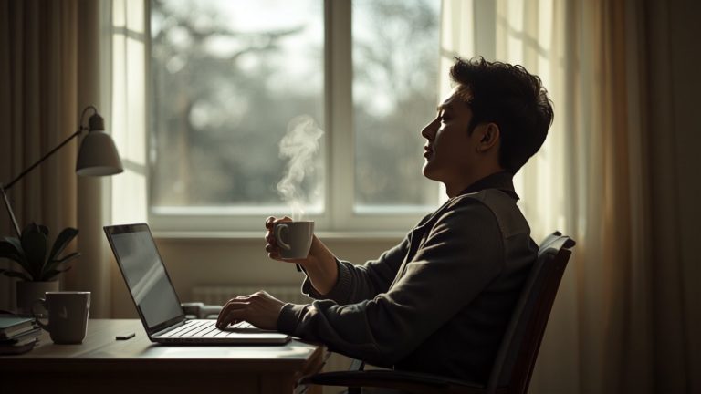 Somebody sitting back with a coffee at a laptop in morning light, the calm of proactive website maintenance.