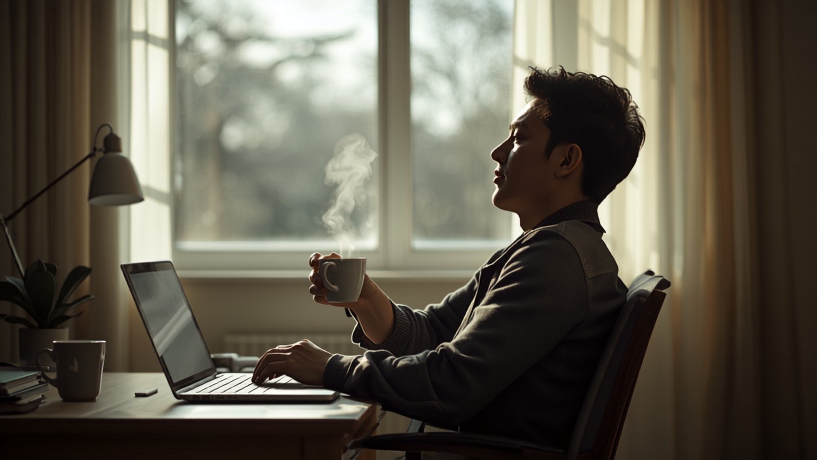 Somebody sitting back with a coffee at a laptop in morning light, the calm of proactive website maintenance.
