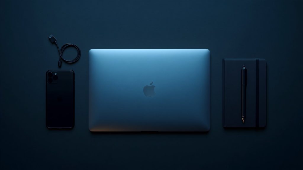 An overhead view of a desk with laptop, phone and notebook squared away, a website with no work left outstanding.