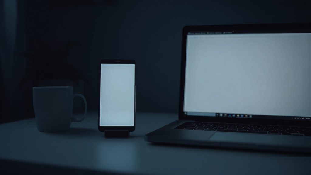 A phone propped beside a laptop showing the same page, the monthly website maintenance check.