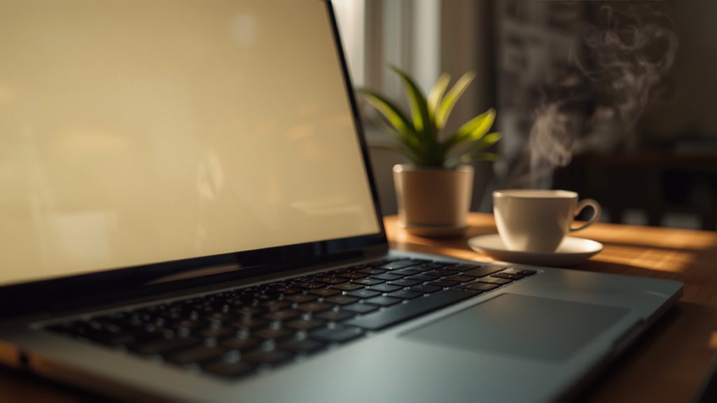 An open laptop on a desk in morning light beside a cup of tea, a preventive website maintenance check before anything is wrong.