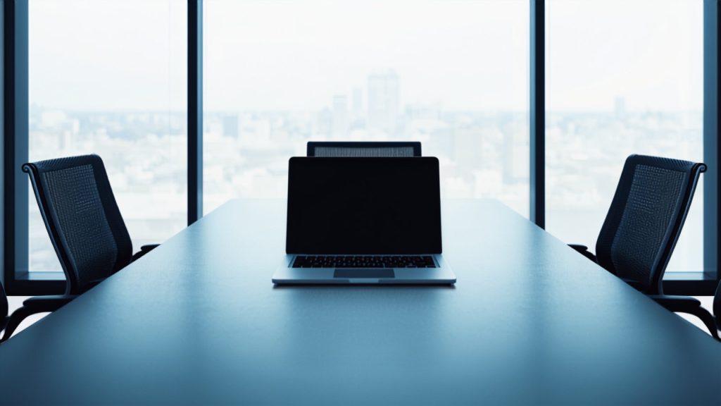 A meeting table with three empty chairs and a laptop at only one of them, one person accountable for website maintenance.