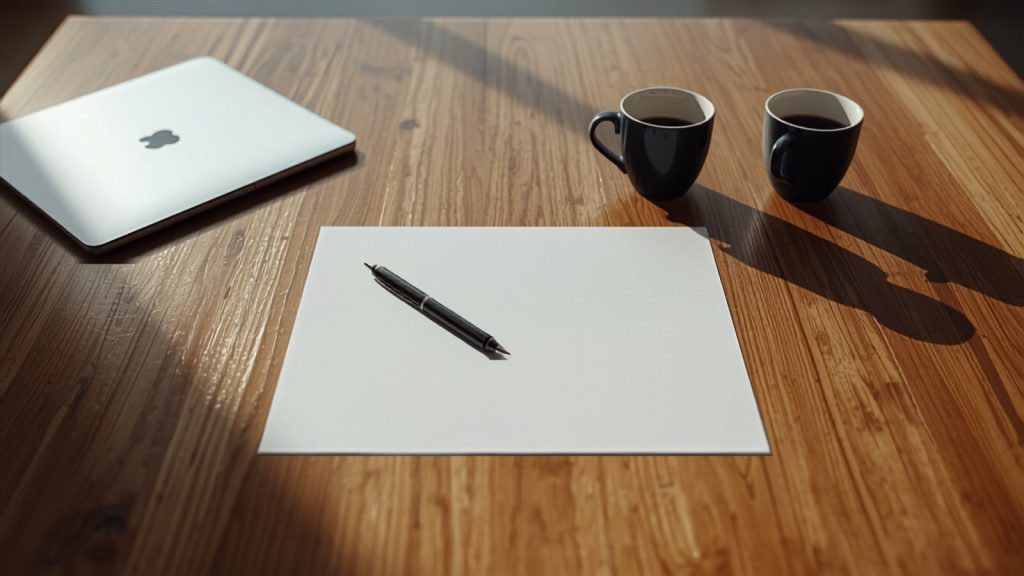 A blank sheet of paper and a pen on a meeting table beside a closed laptop and two cups, website maintenance responsibility put in writing.