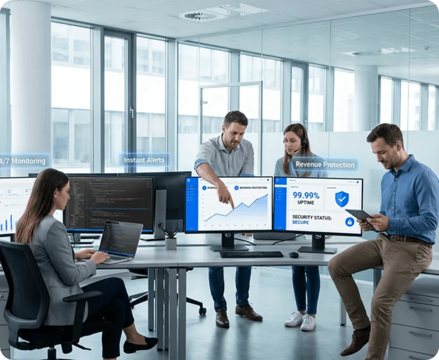 A team monitoring uptime, alerts and revenue protection dashboards