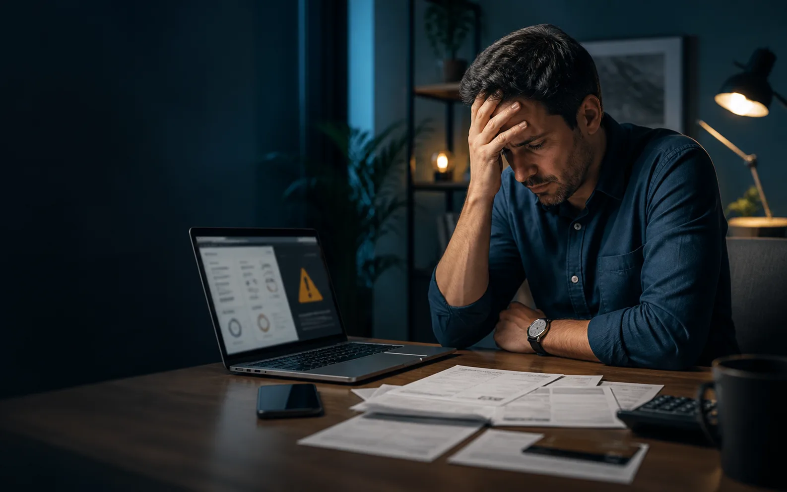 A frustrated business owner looking at website warnings and emergency bills after a hidden website problem