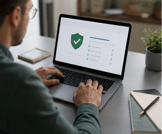 A security scan finishing on a laptop, with each check passing against the site