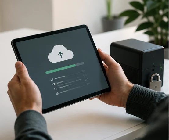 A backup uploading to remote storage on a tablet, with the site files locked and copied off the server