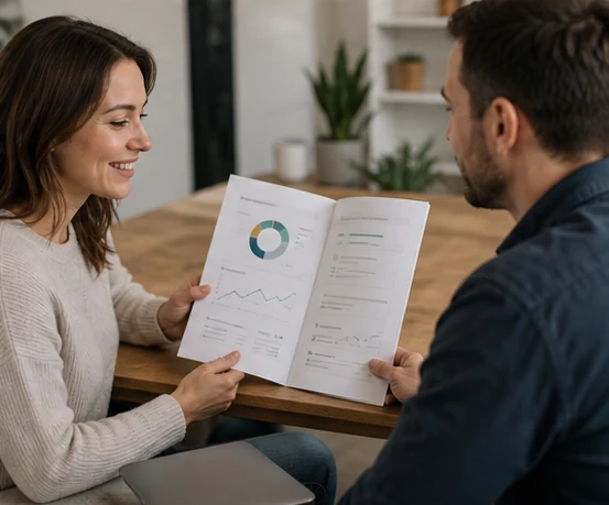 A monthly website health report being read together, charts and findings in plain language