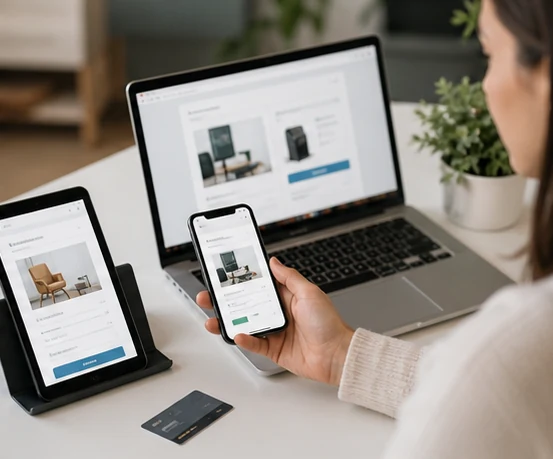 The same store page opened on a tablet, a laptop and a phone to check it works on every device