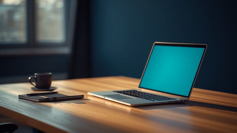 A laptop, notebook and coffee on a desk, the everyday setup for website maintenance work.
