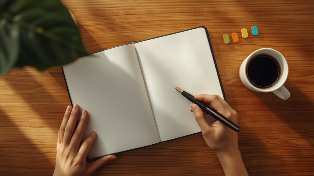 A blank notebook and pen on a desk, planning a monthly website maintenance schedule.