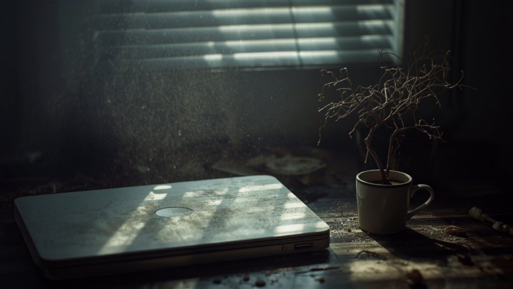 A dusty closed laptop and a dead plant on an abandoned desk, what a website left unmaintained looks like.