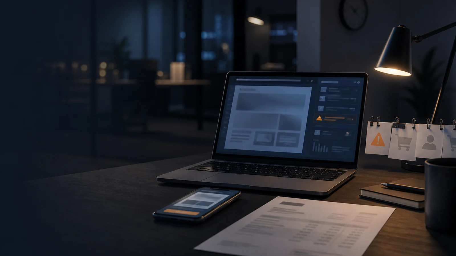 A desk after dark: a laptop showing warnings, an unread phone and a printed invoice beside it